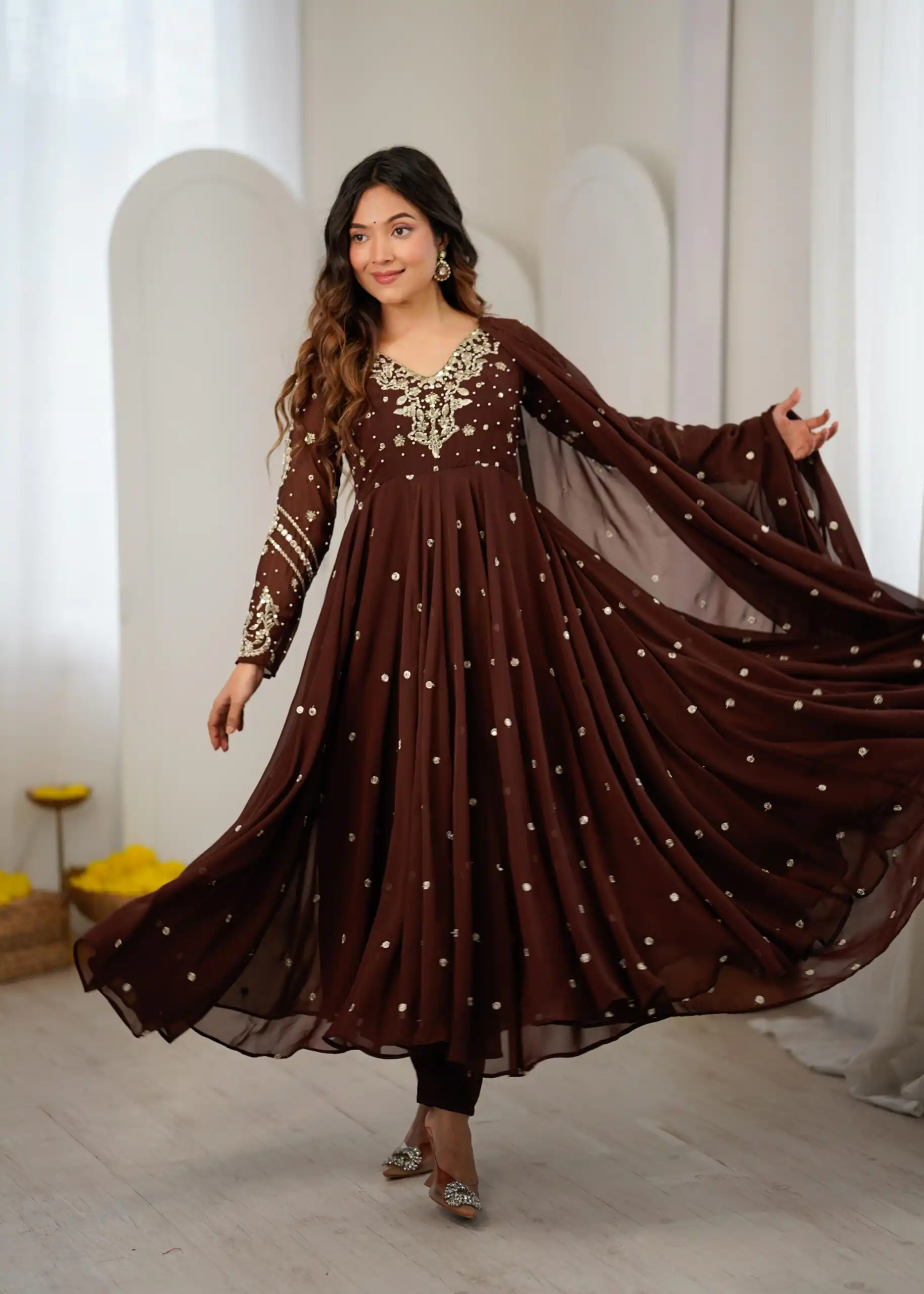 Pretty Brown Faux Georgette Embroider Work Salwar Suit