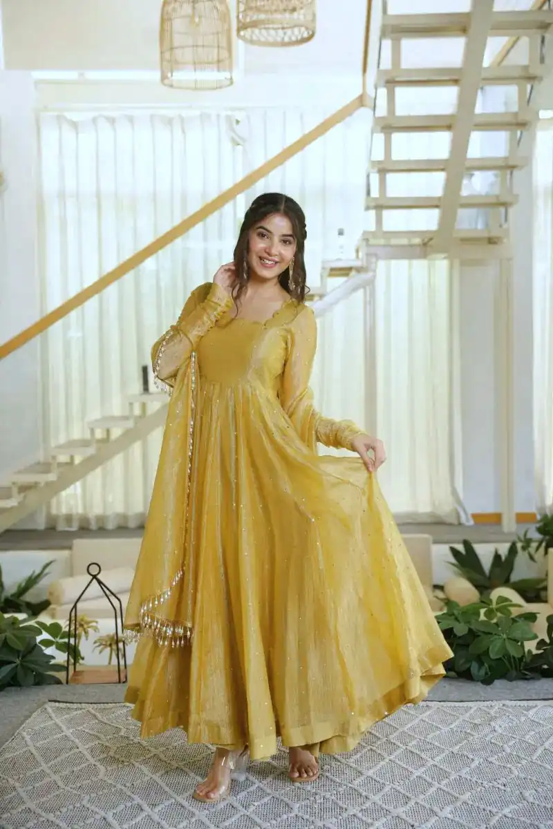 Pretty Gold Salsa Silk Embroidery Work Gown - Image 5