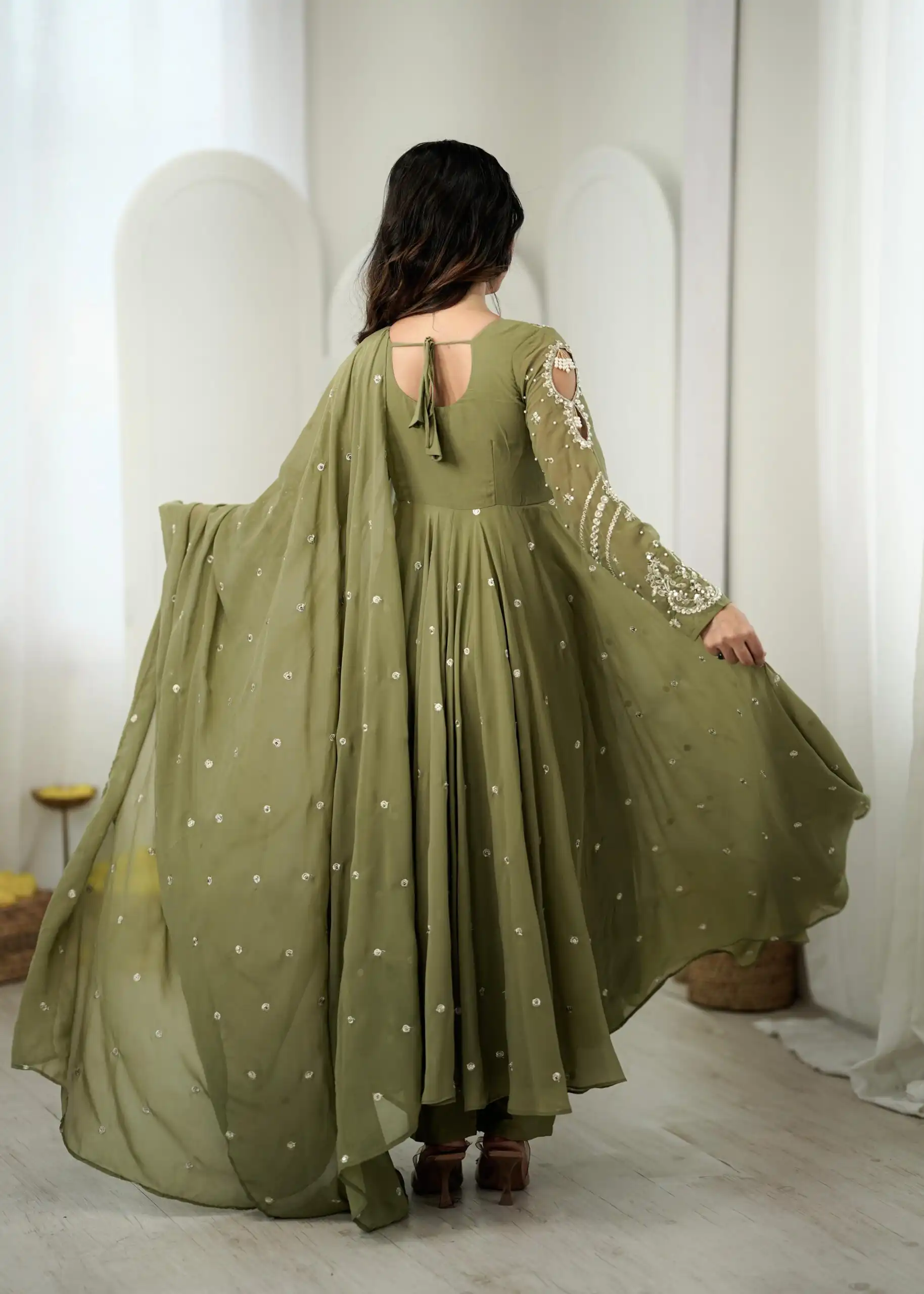 Pretty Sage Green Faux Georgette Embroider Work Salwar Suit - Image 7