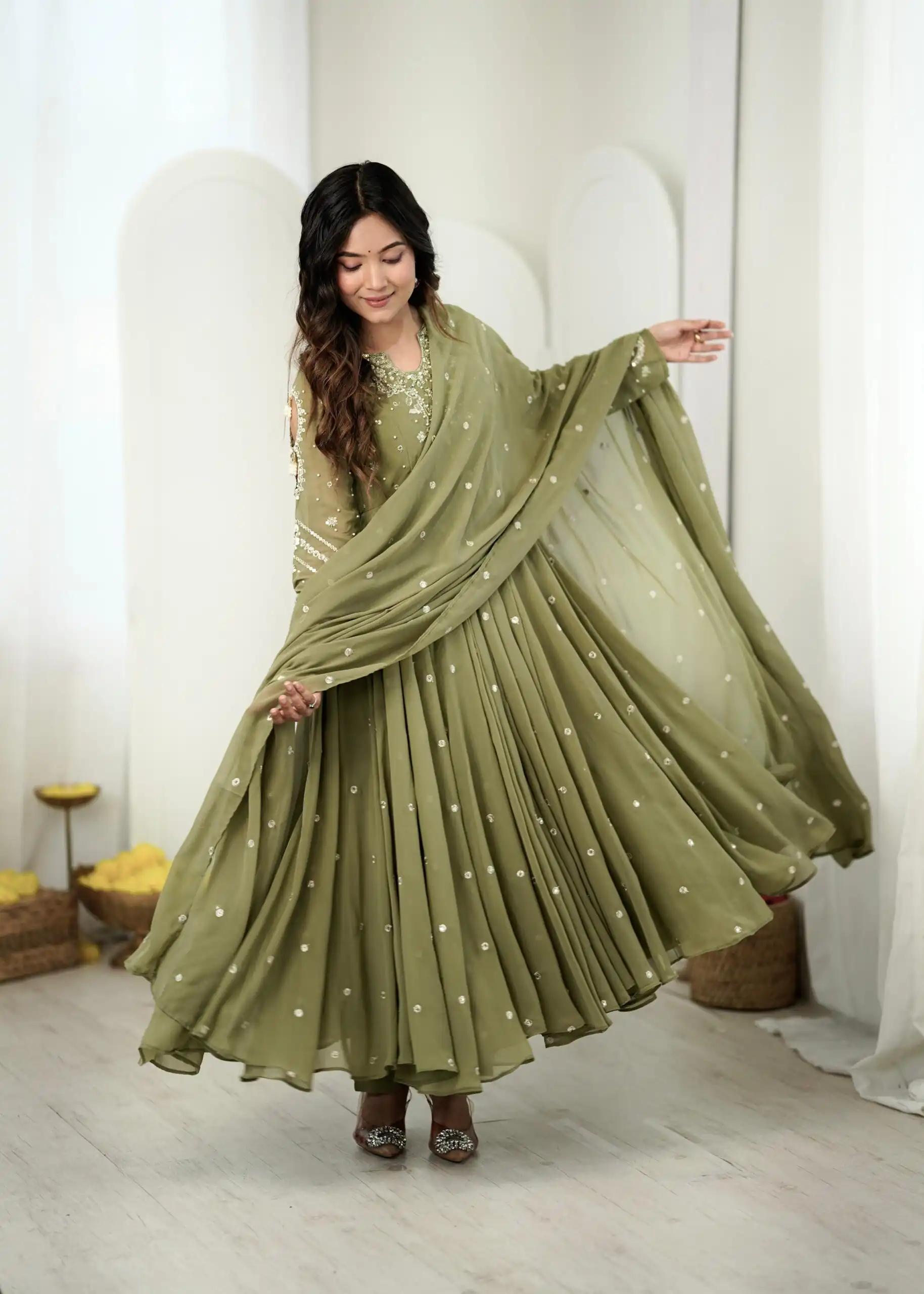 Pretty Sage Green Faux Georgette Embroider Work Salwar Suit - Image 6