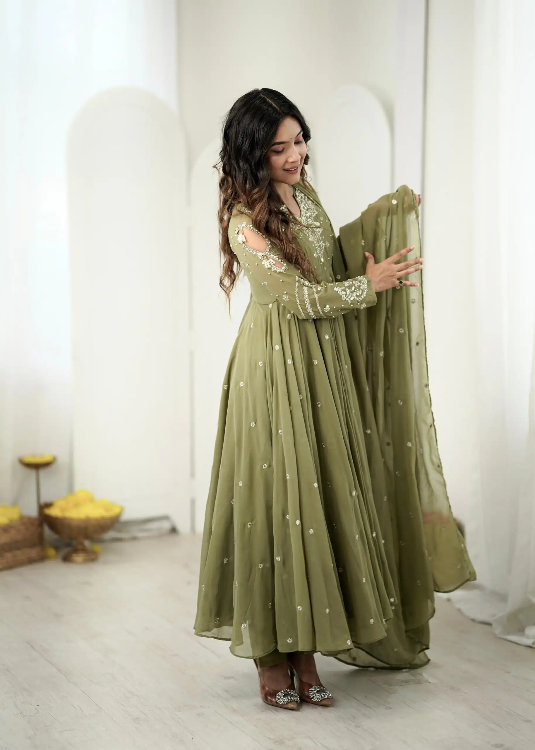 Pretty Sage Green Faux Georgette Embroider Work Salwar Suit - Image 5