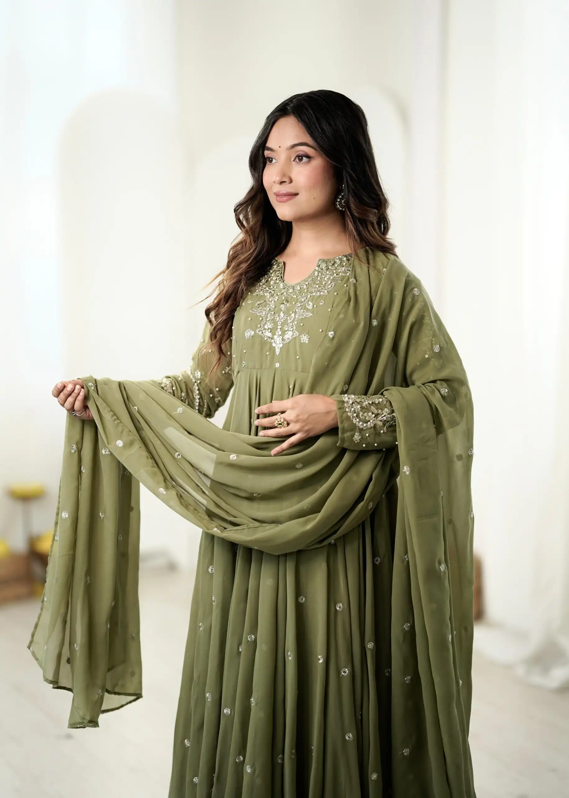Pretty Sage Green Faux Georgette Embroider Work Salwar Suit - Image 9