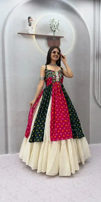 Alternative view of Shiny Black Khadi Cotton Bandhej Mirror Work Lehenga Choli