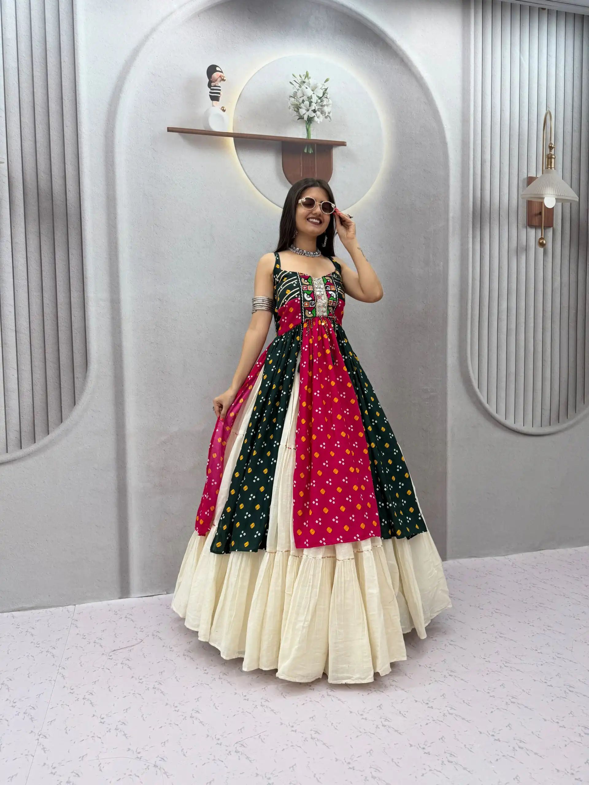 Shiny Black Khadi Cotton Bandhej Mirror Work Lehenga Choli - Image 2
