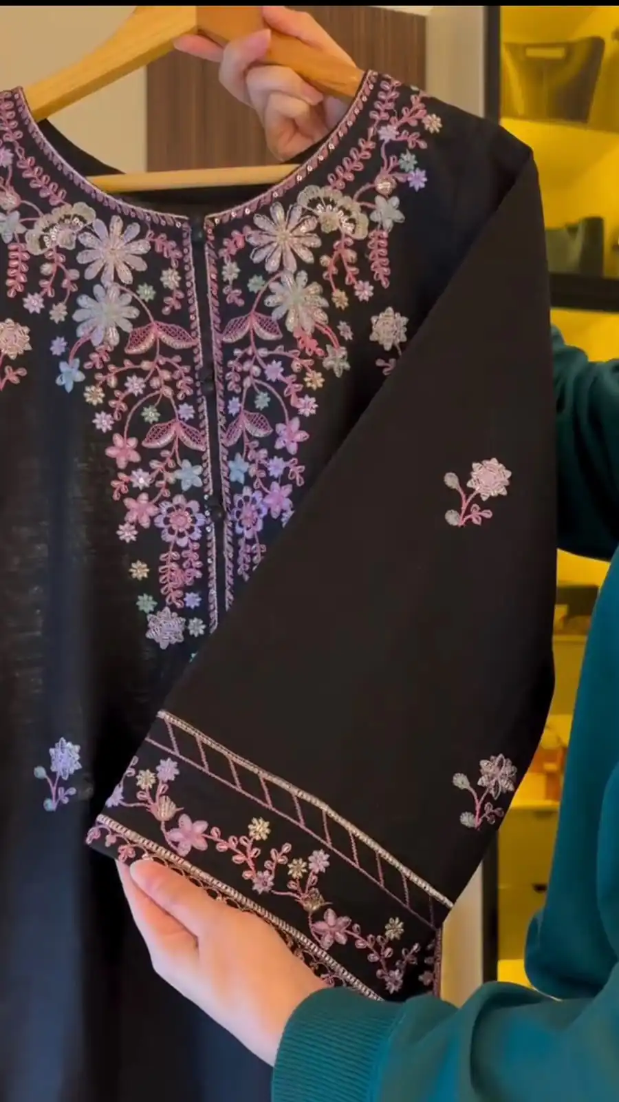Shiny Black Rayon Satin Embroidery Work Salwar Suit - Image 7