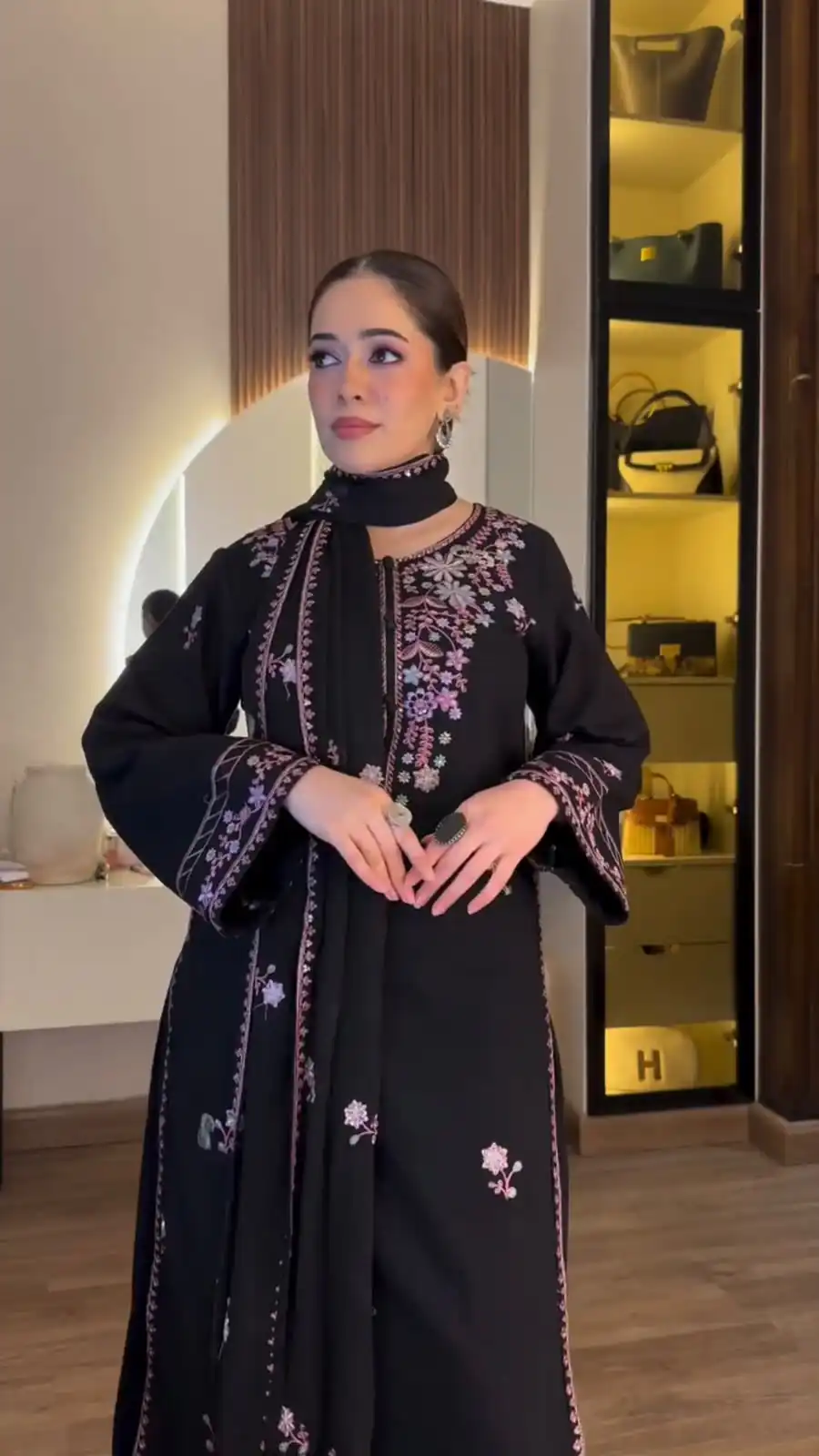 Shiny Black Rayon Satin Embroidery Work Salwar Suit - Image 2