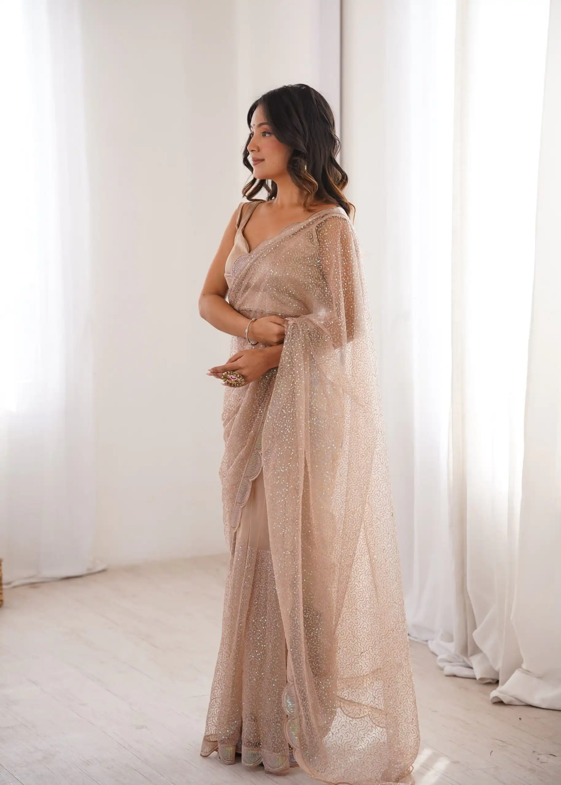 Shiny Cream Soft Net Sequins Work Saree - Image 5