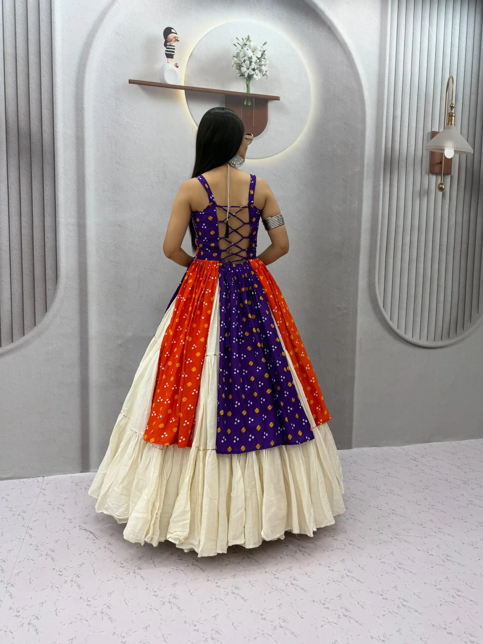 Shiny Orange Khadi Cotton Bandhej Mirror Work Lehenga Choli - Image 6