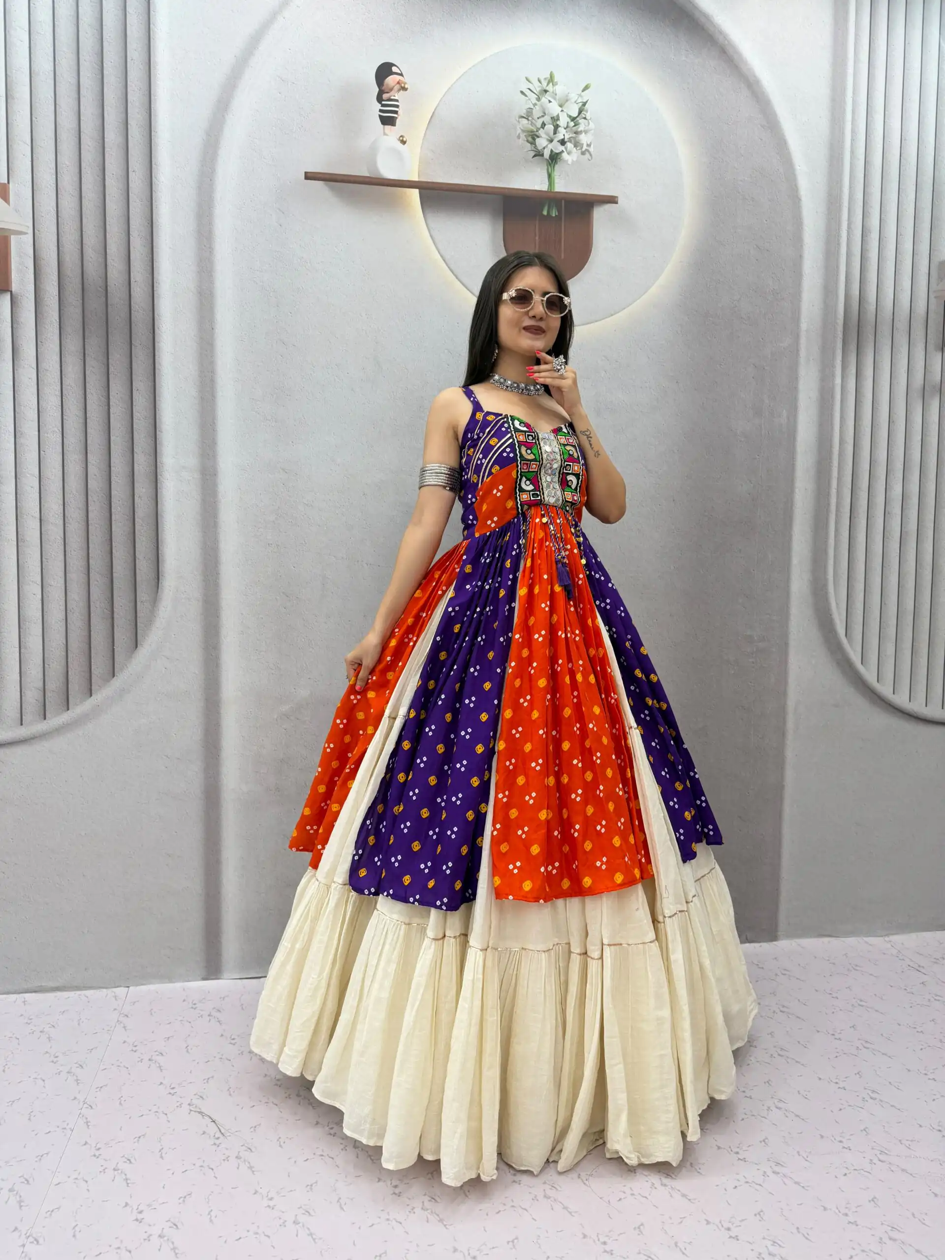 Shiny Orange Khadi Cotton Bandhej Mirror Work Lehenga Choli - Image 2