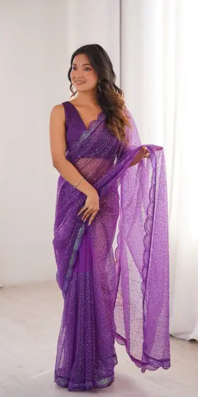 Shiny Purple Soft Net Sequins Work Saree