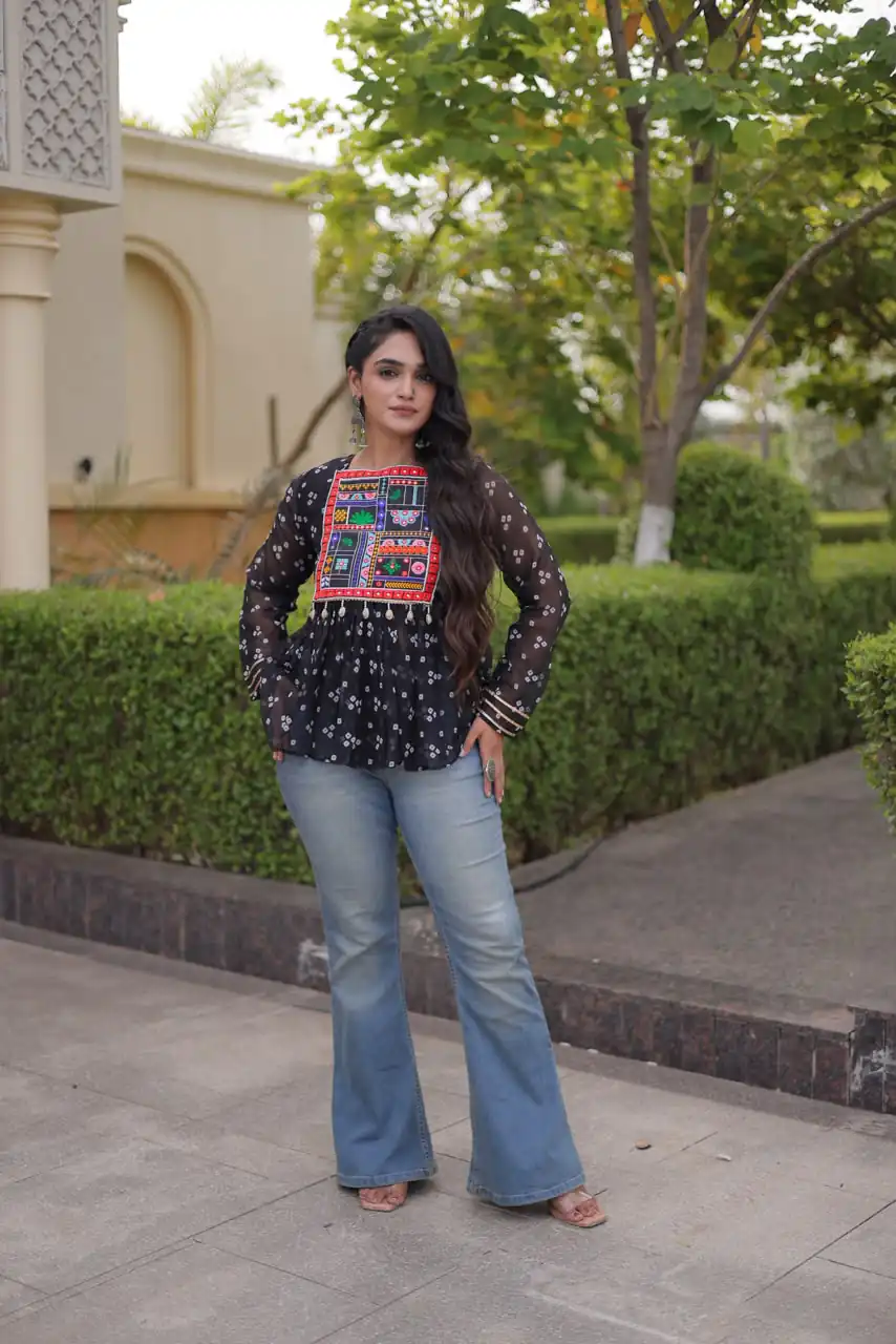 Solid Black Faux Georgette Gamthi Bandhni Work Kurti - Image 3