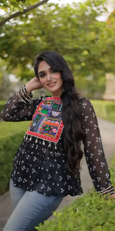 Alternative view of Solid Black Faux Georgette Gamthi Bandhni Work Kurti