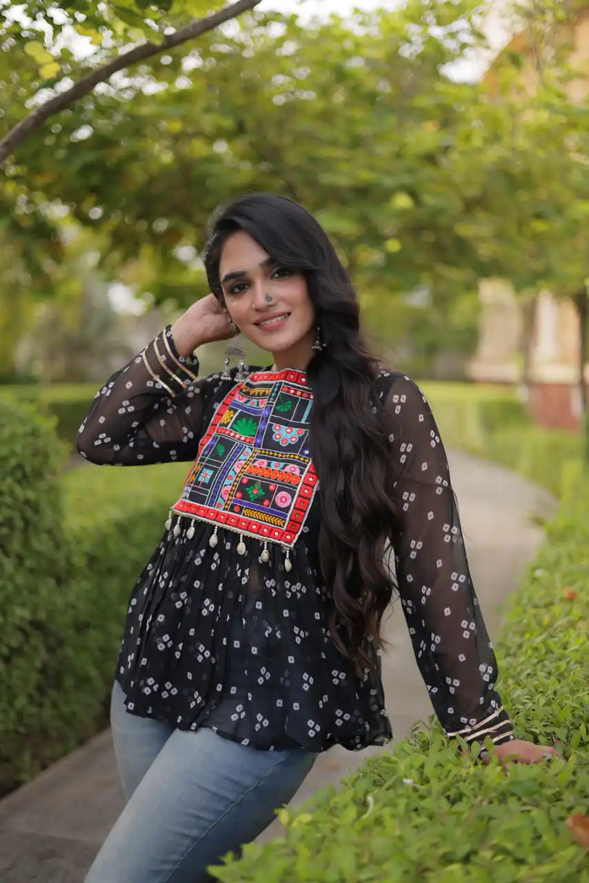 Solid Black Faux Georgette Gamthi Bandhni Work Kurti - Image 2