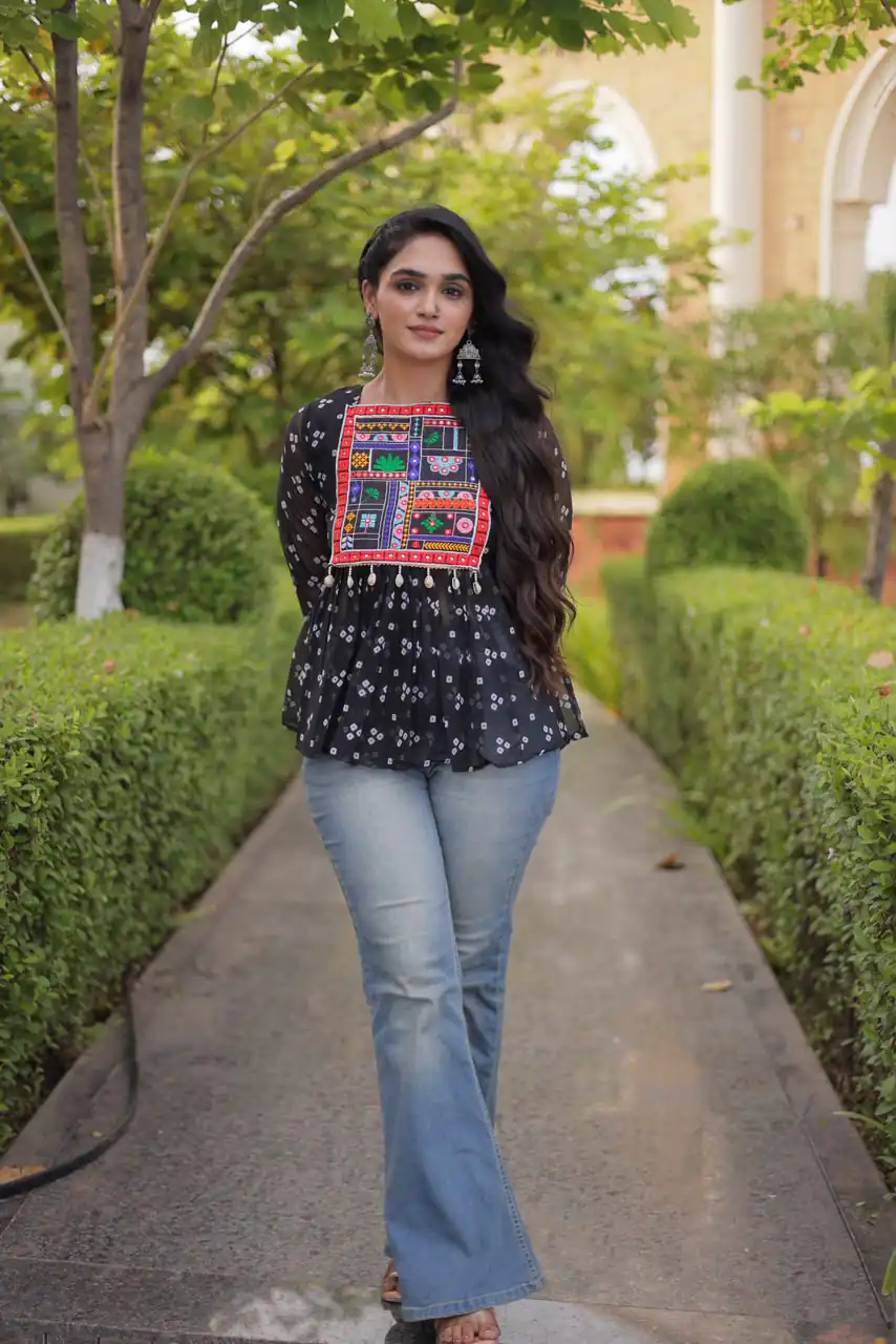 Solid Black Faux Georgette Gamthi Bandhni Work Kurti