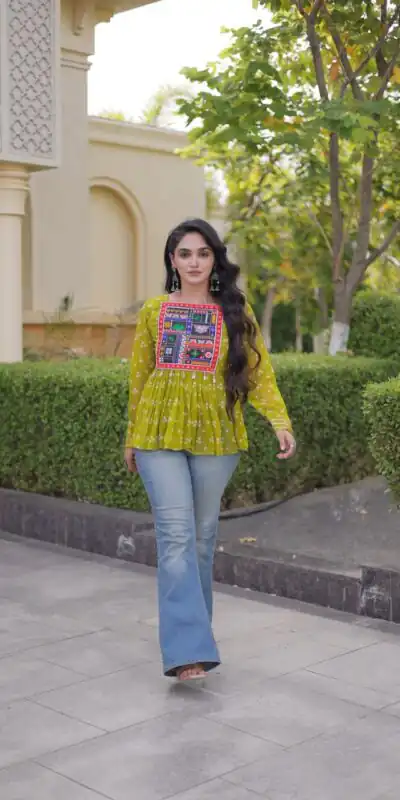 Alternative view of Solid Mehandi Faux Georgette Gamthi Bandhni Work Kurti