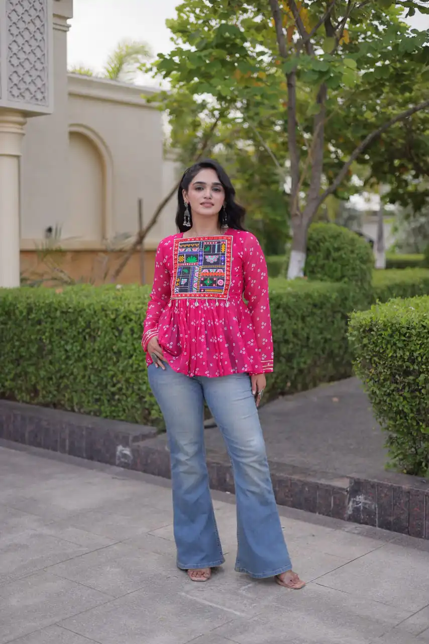 Solid Pink Faux Georgette Gamthi Bandhni Work Kurti - Image 4