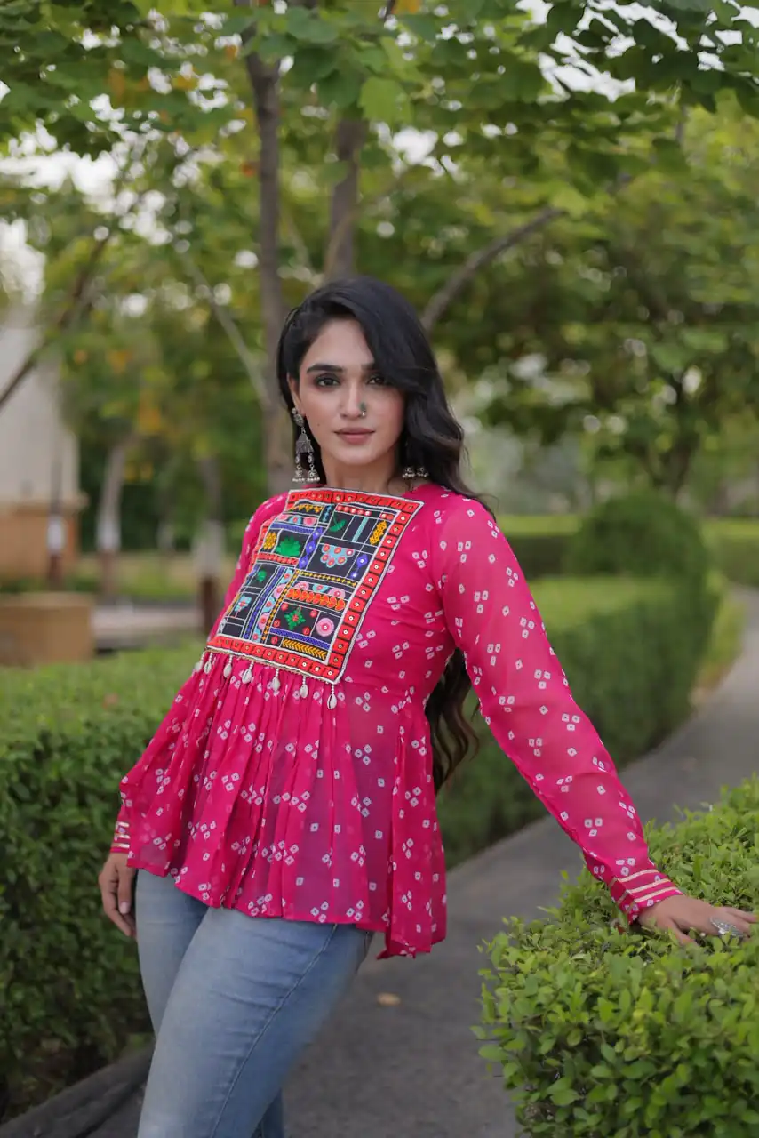 Solid Pink Faux Georgette Gamthi Bandhni Work Kurti - Image 2