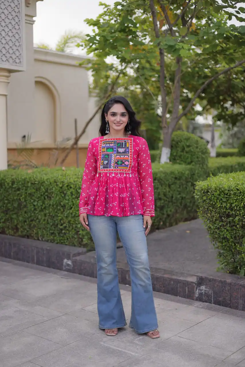 Solid Pink Faux Georgette Gamthi Bandhni Work Kurti