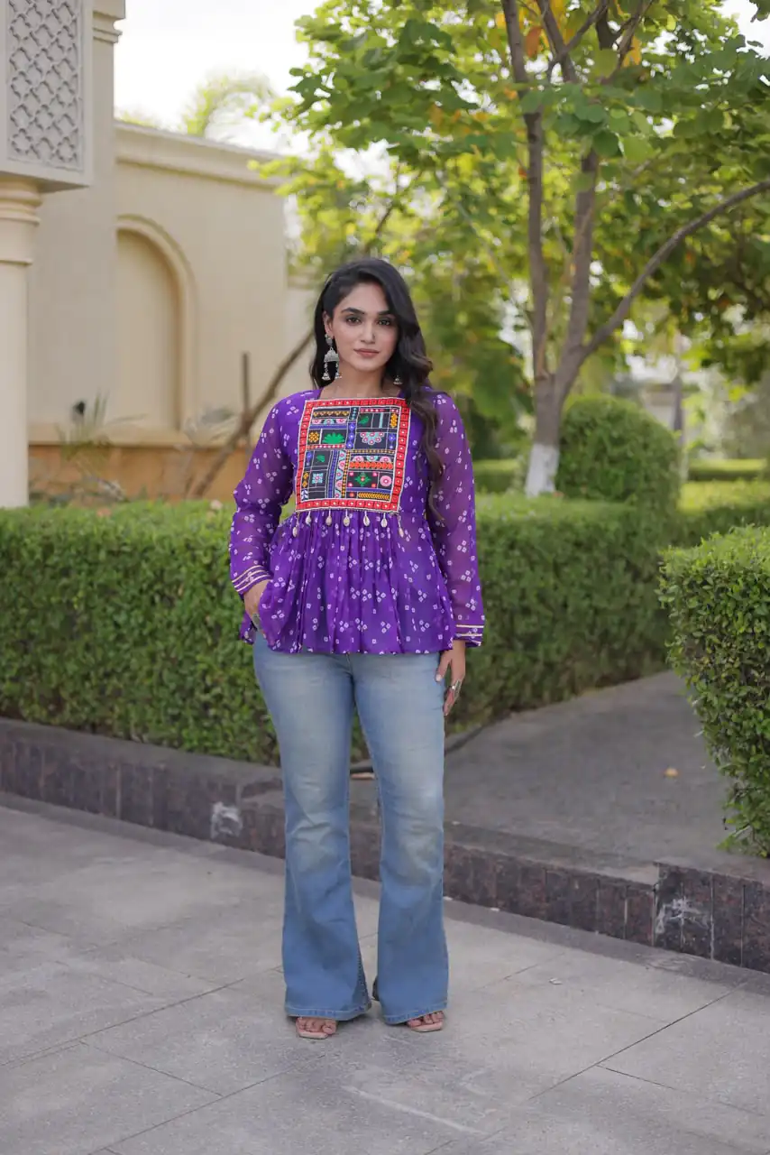 Solid Purple Faux Georgette Gamthi Bandhni Work Kurti - Image 4