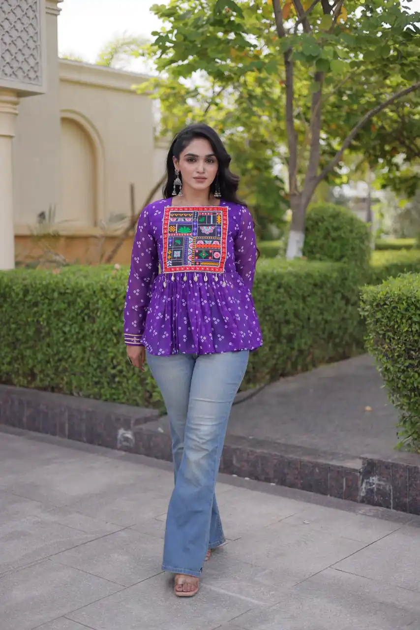 Solid Purple Faux Georgette Gamthi Bandhni Work Kurti
