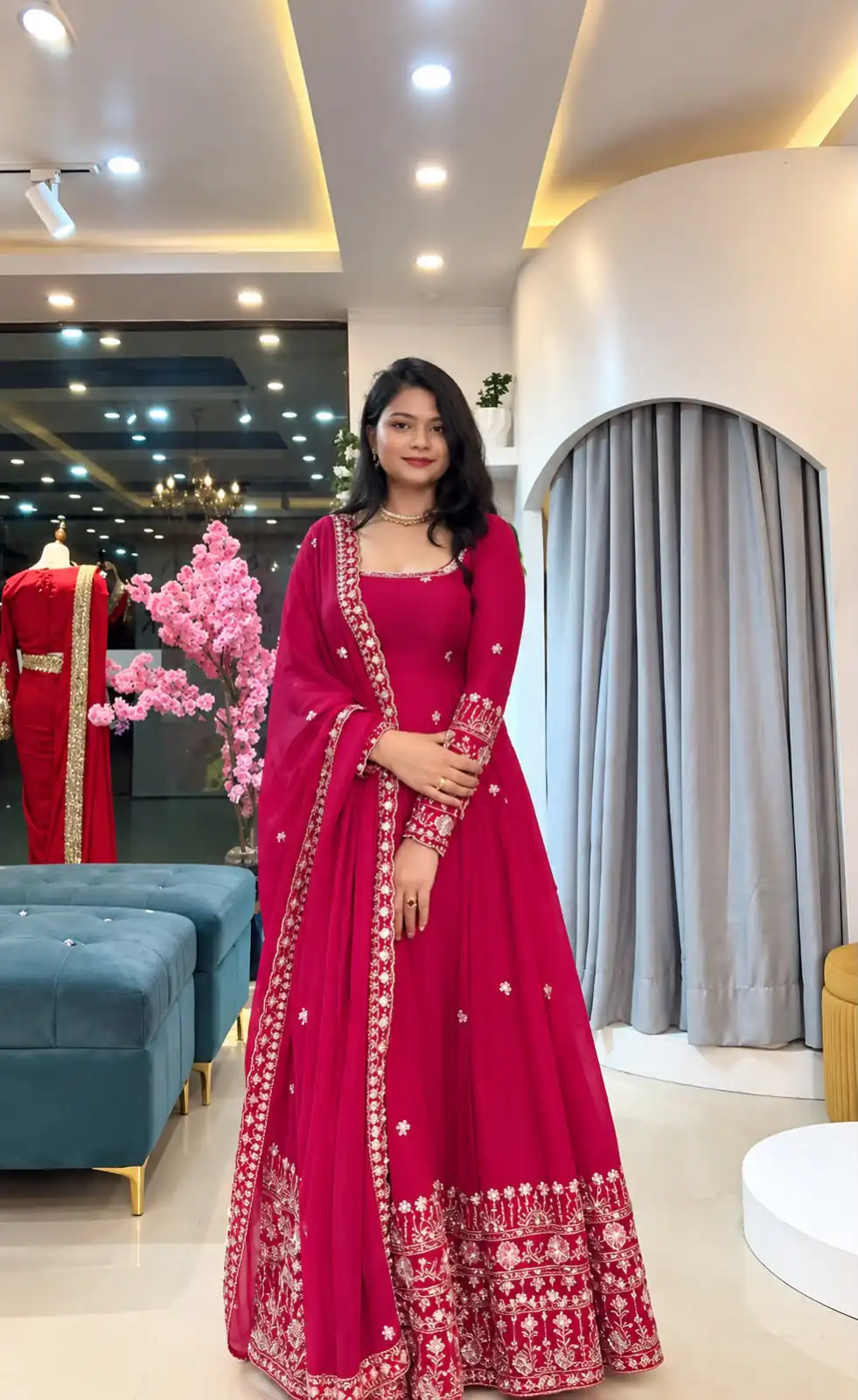 Stunning Pink Crunchy Silk Embroidery Work Gown - Image 4