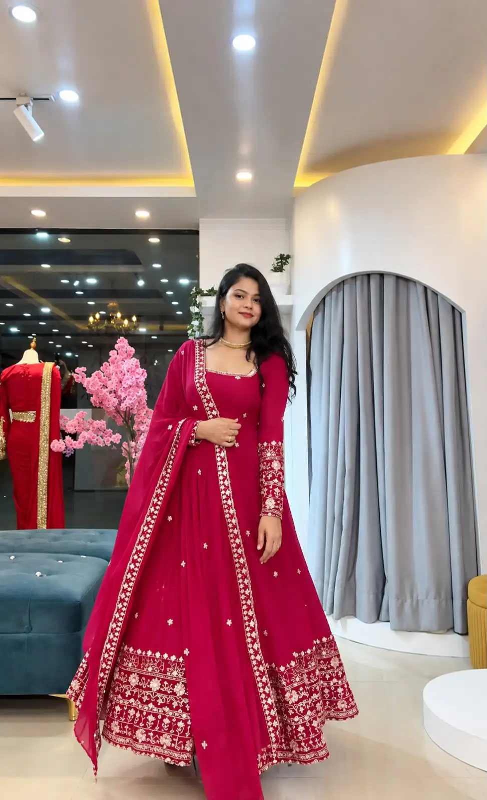 Stunning Pink Crunchy Silk Embroidery Work Gown - Image 2