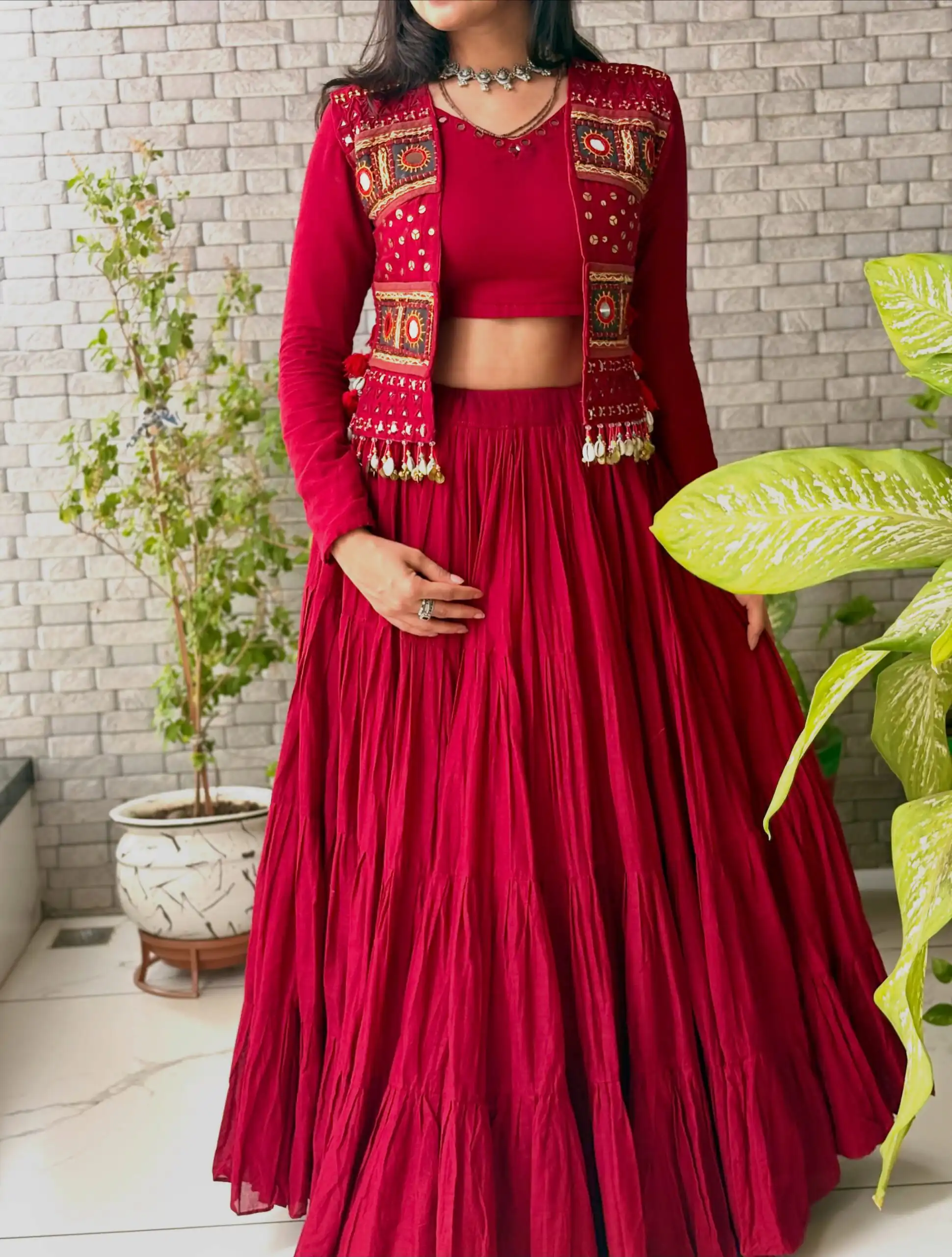 Stylist Maroon Kora Cotton Embroidery Work Lehenga Choli