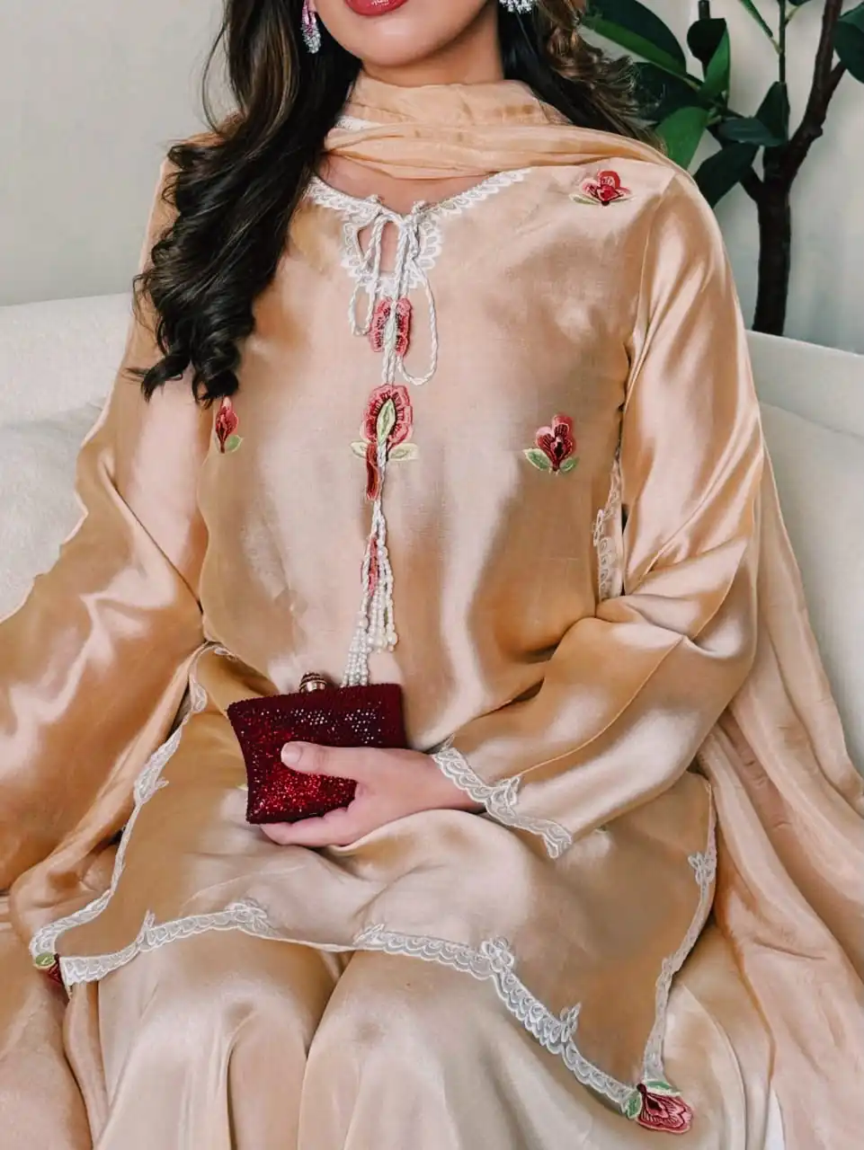 Super Cream Japan Satin With Embroidery Work Salwar Suit - Image 5