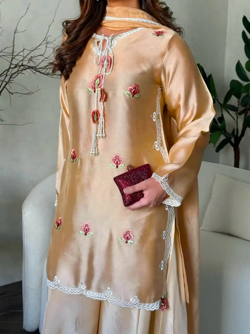 Super Cream Japan Satin With Embroidery Work Salwar Suit - Image 3