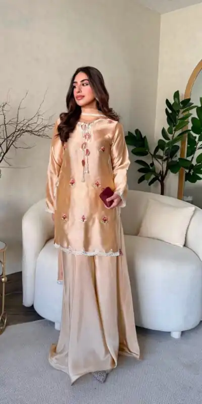 Super Cream Japan Satin With Embroidery Work Salwar Suit