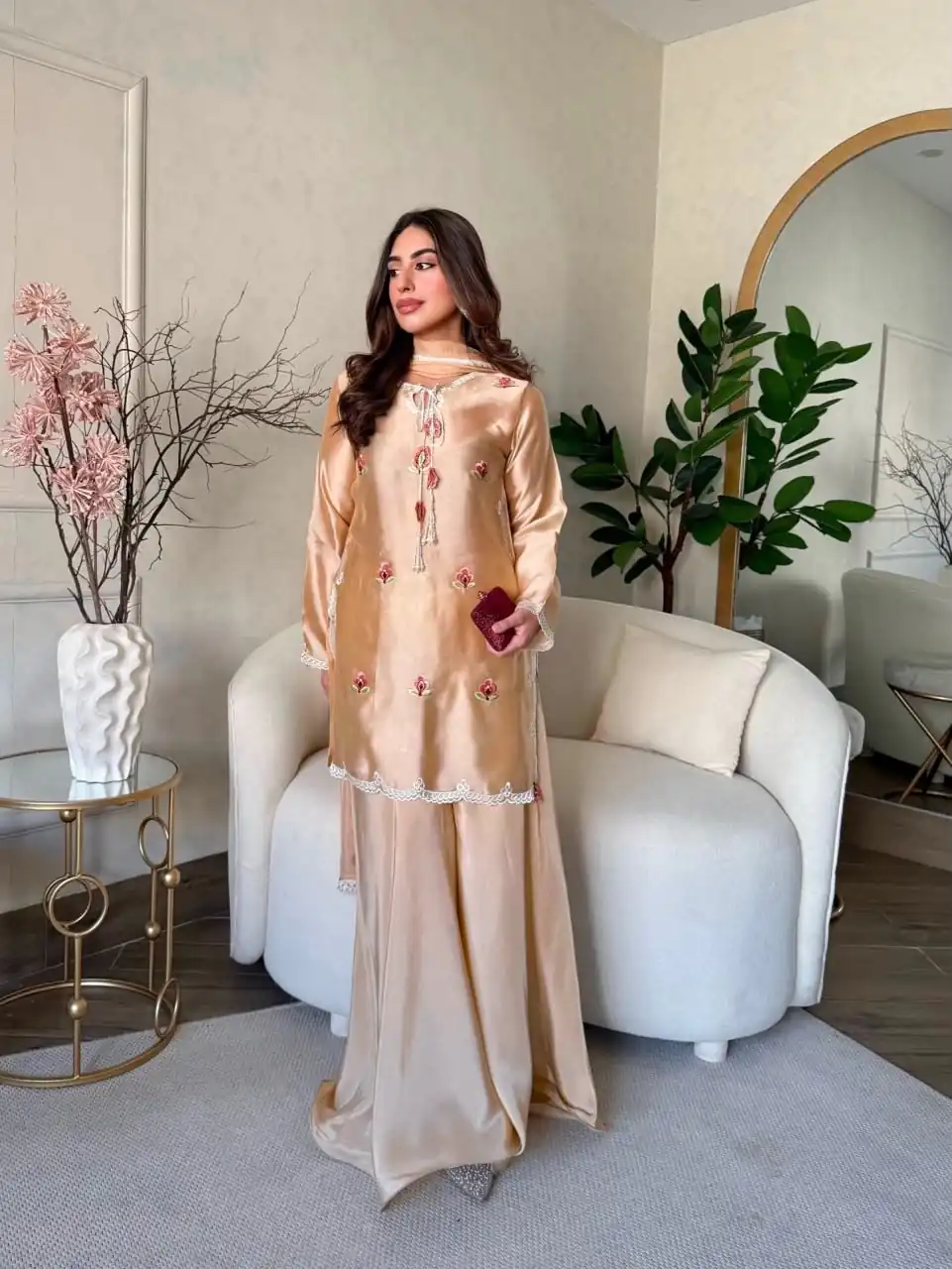 Super Cream Japan Satin With Embroidery Work Salwar Suit