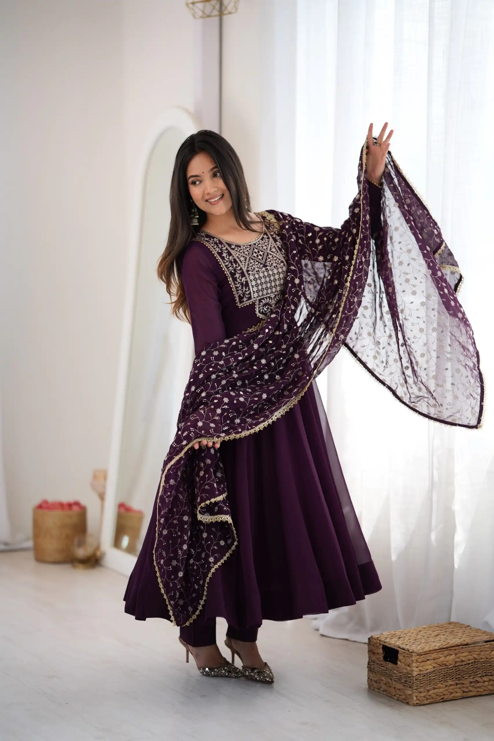 Super Wine Blooming Faux Georgette Embroider Work Anarkali Suit - Image 3