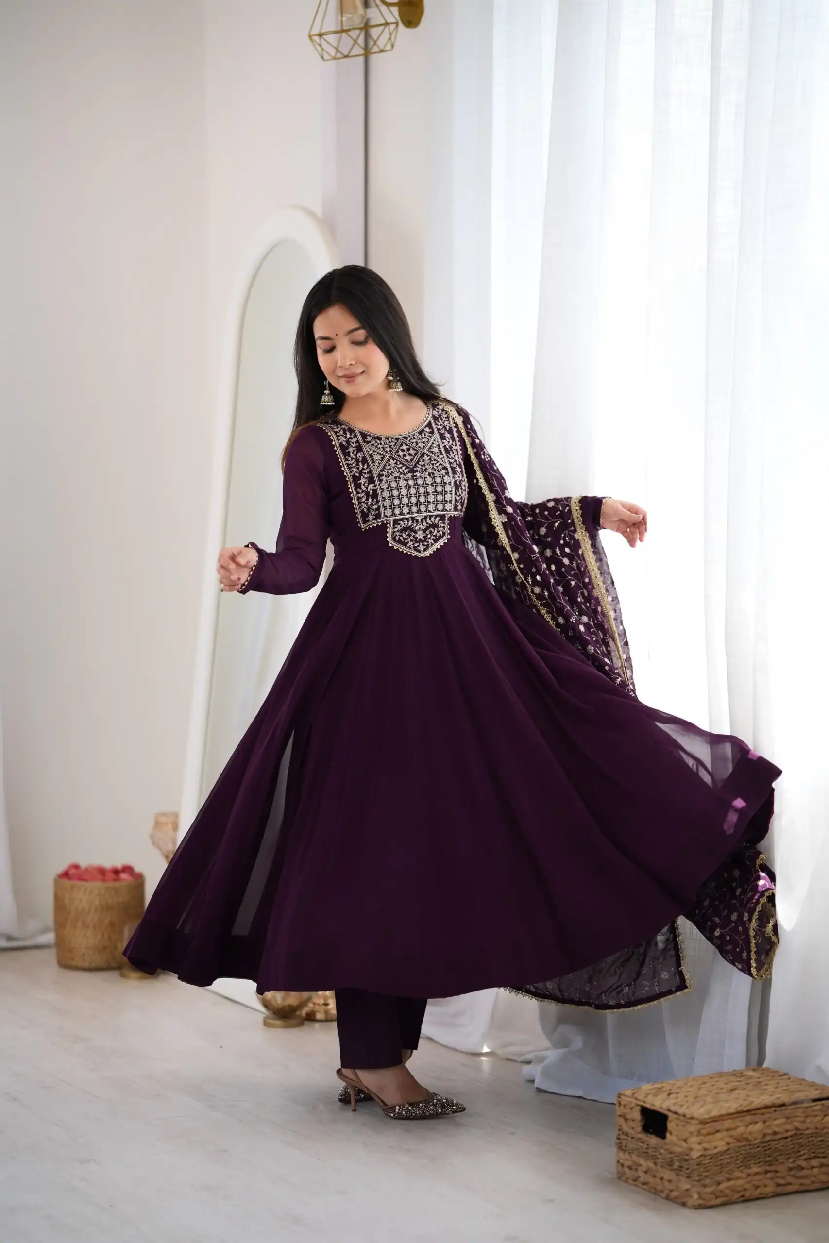 Super Wine Blooming Faux Georgette Embroider Work Anarkali Suit - Image 2