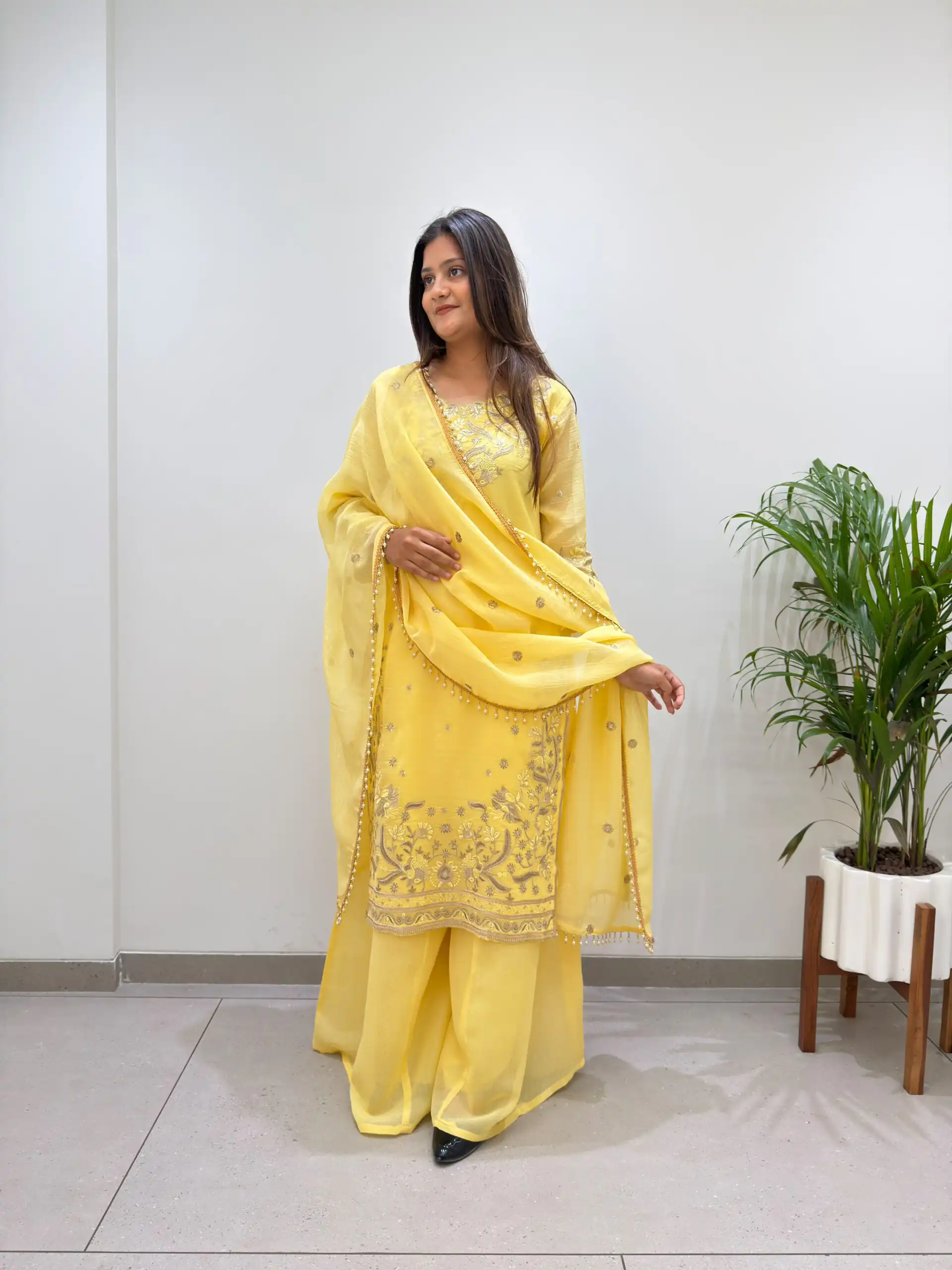 Super Yellow Crunchy Silk Embroidery Work Salwar Suit - Image 5