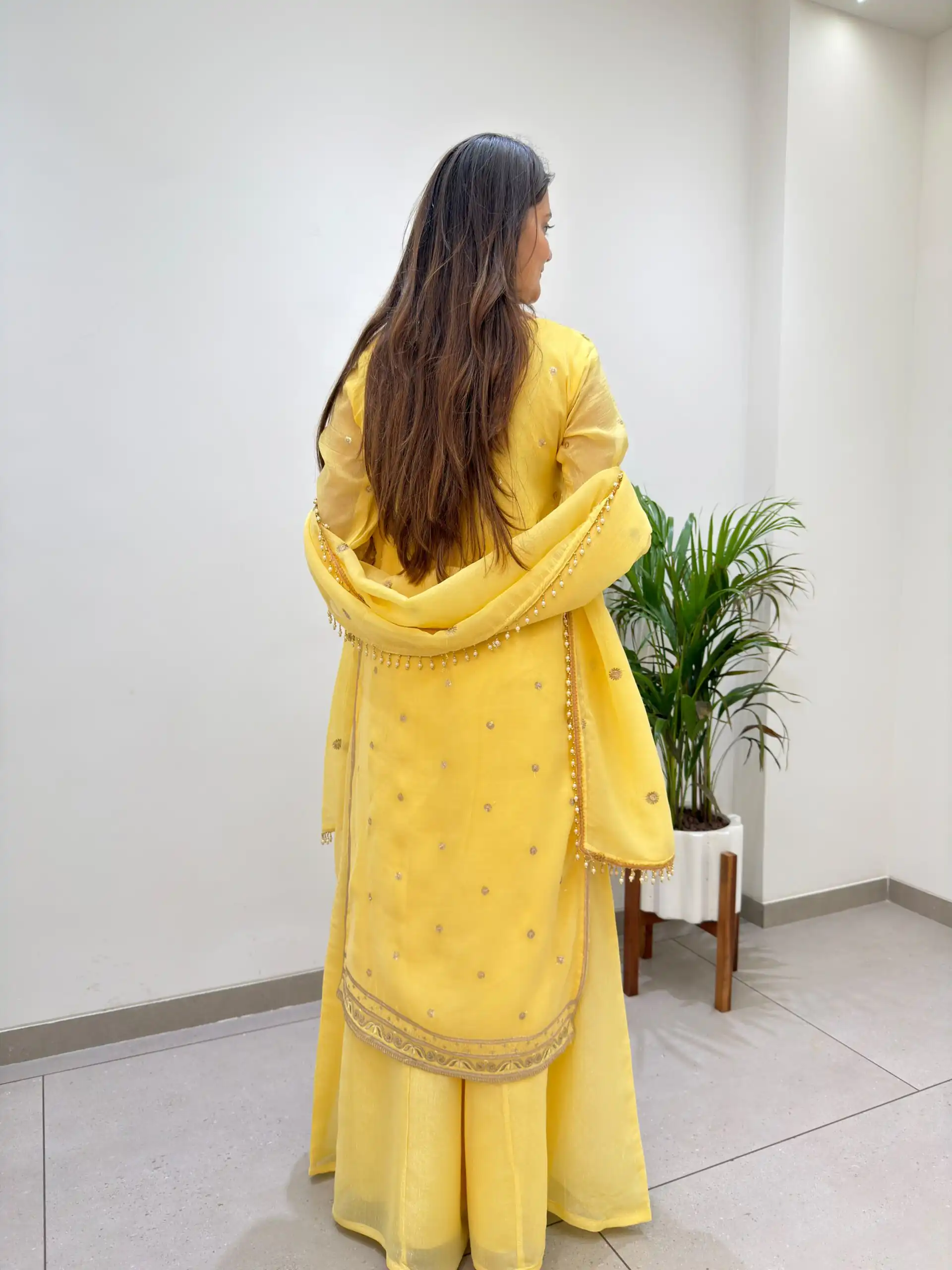 Super Yellow Crunchy Silk Embroidery Work Salwar Suit - Image 3