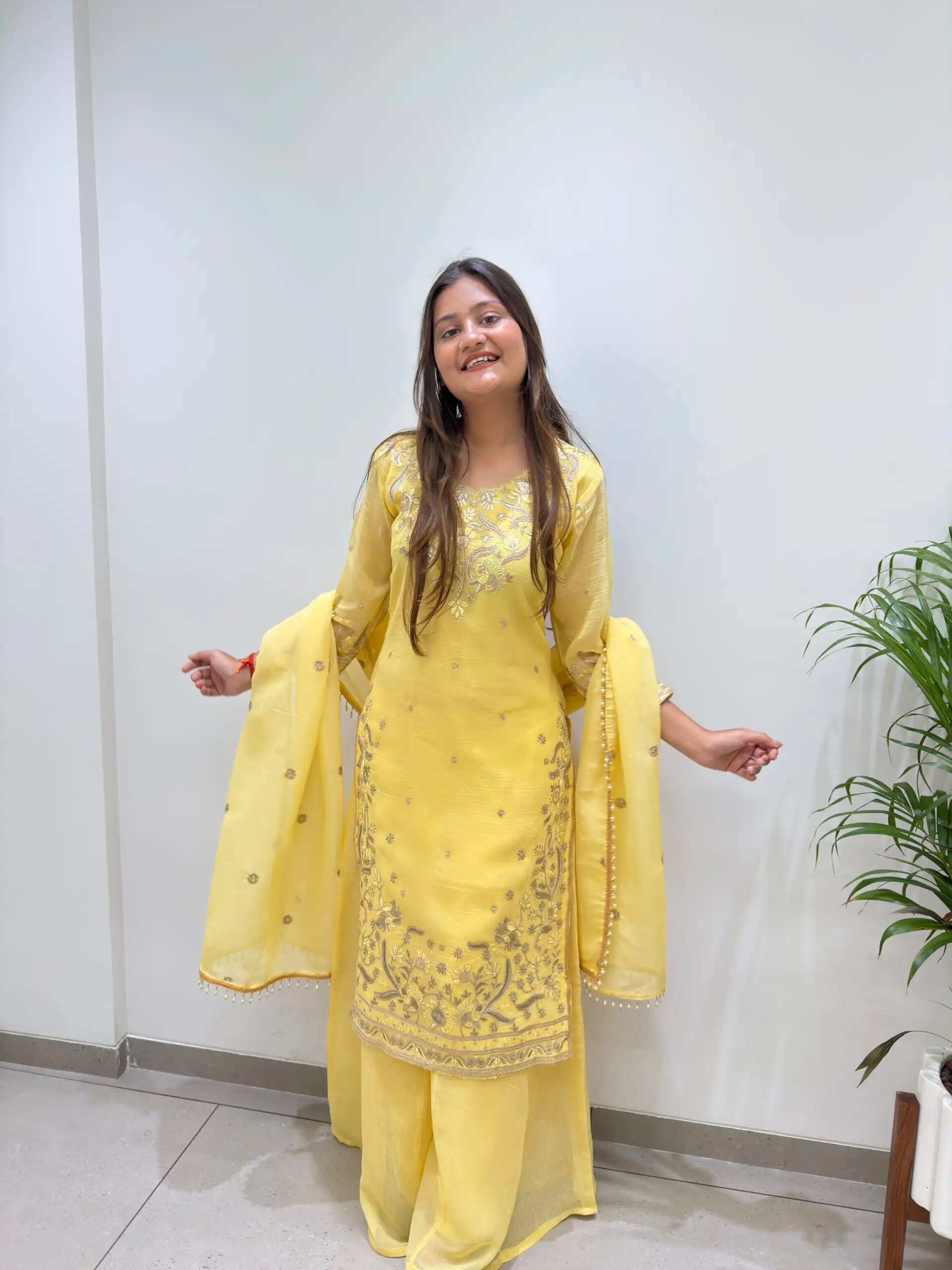 Super Yellow Crunchy Silk Embroidery Work Salwar Suit - Image 2