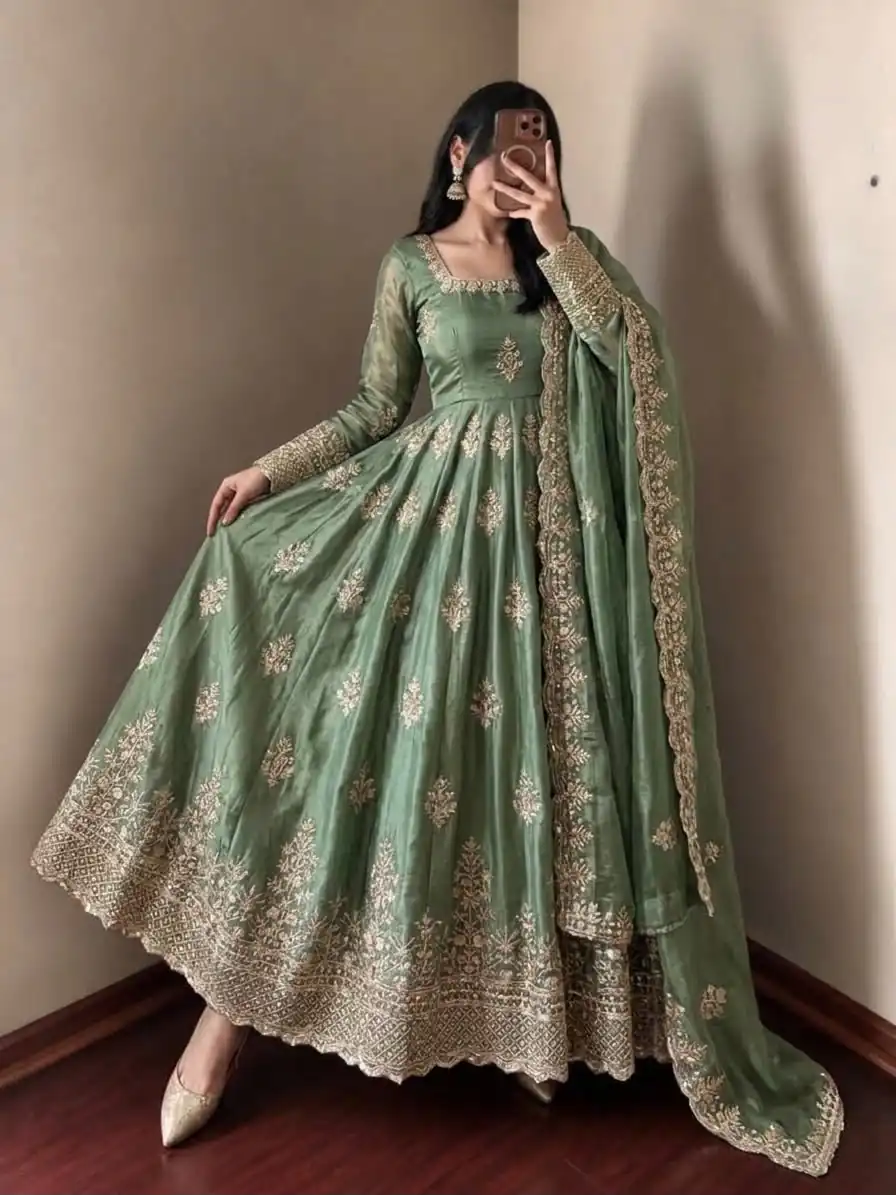 Trendy Pista Fendy Silk Embroidery Work Gown - Image 4