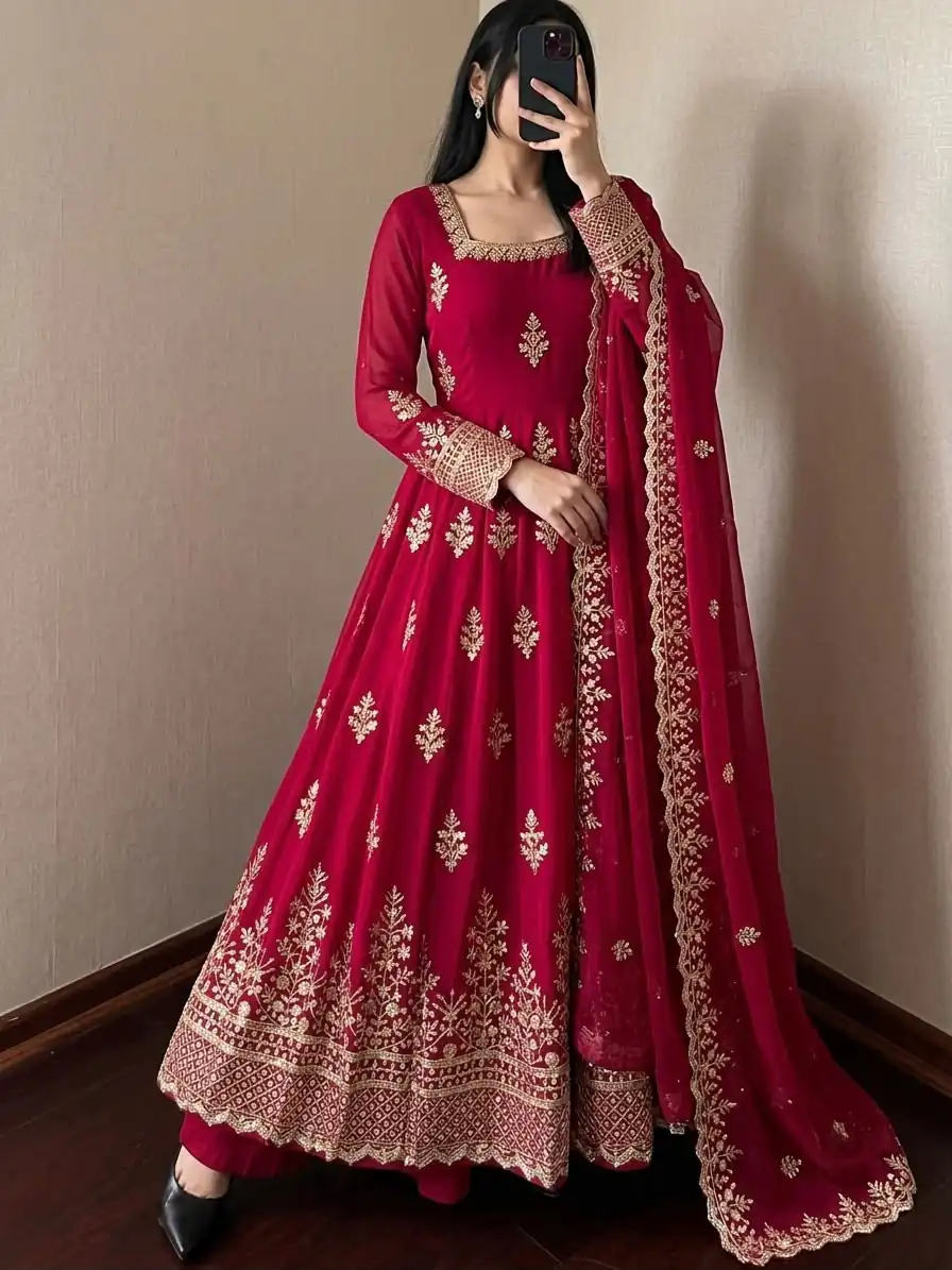 Trendy Red Fendy Silk Embroidery Work Gown - Image 2