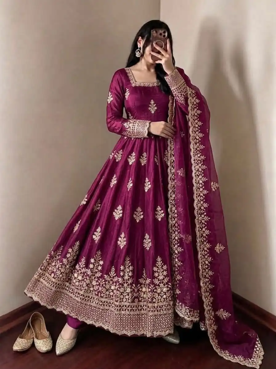 Trendy Wine Fendy Silk Embroidery Work Gown