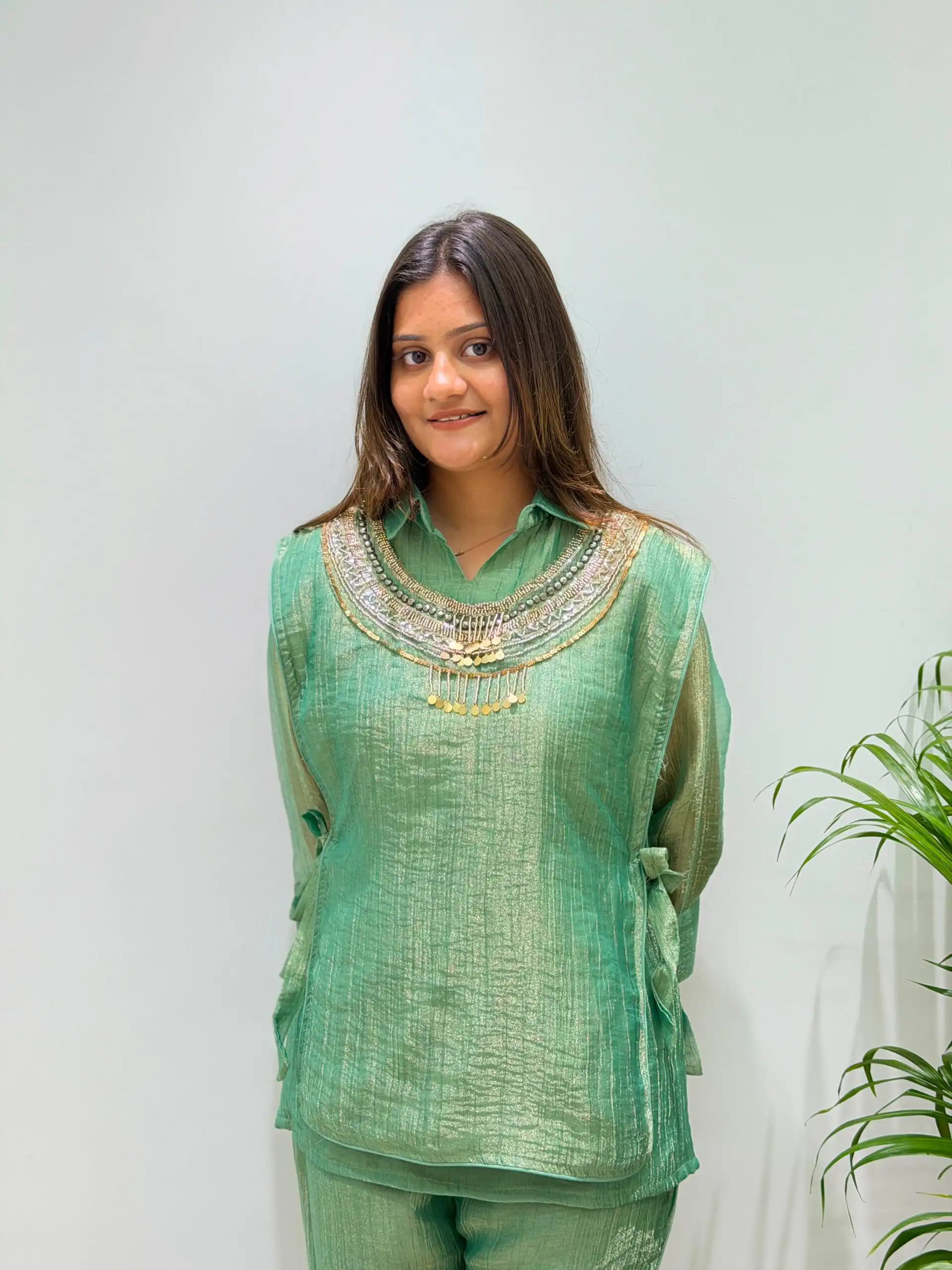 Unique Pista Salsa Silk Butti Hand Work Kurti - Image 2