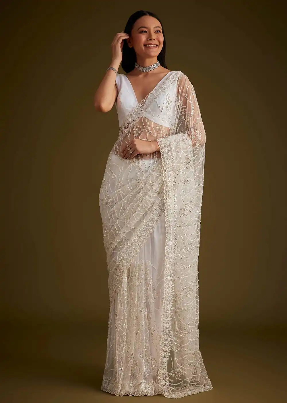 Unique White Butterfly Net Embroidery Saree