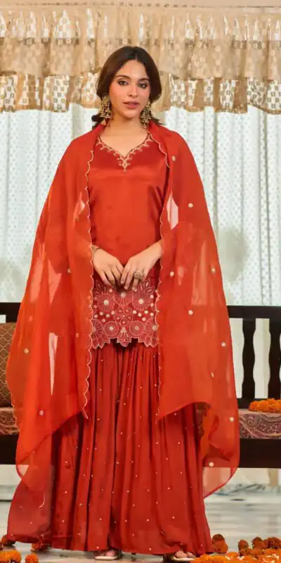 Glowing Rust Chinon Silk Sequence Work Salwar Suit
