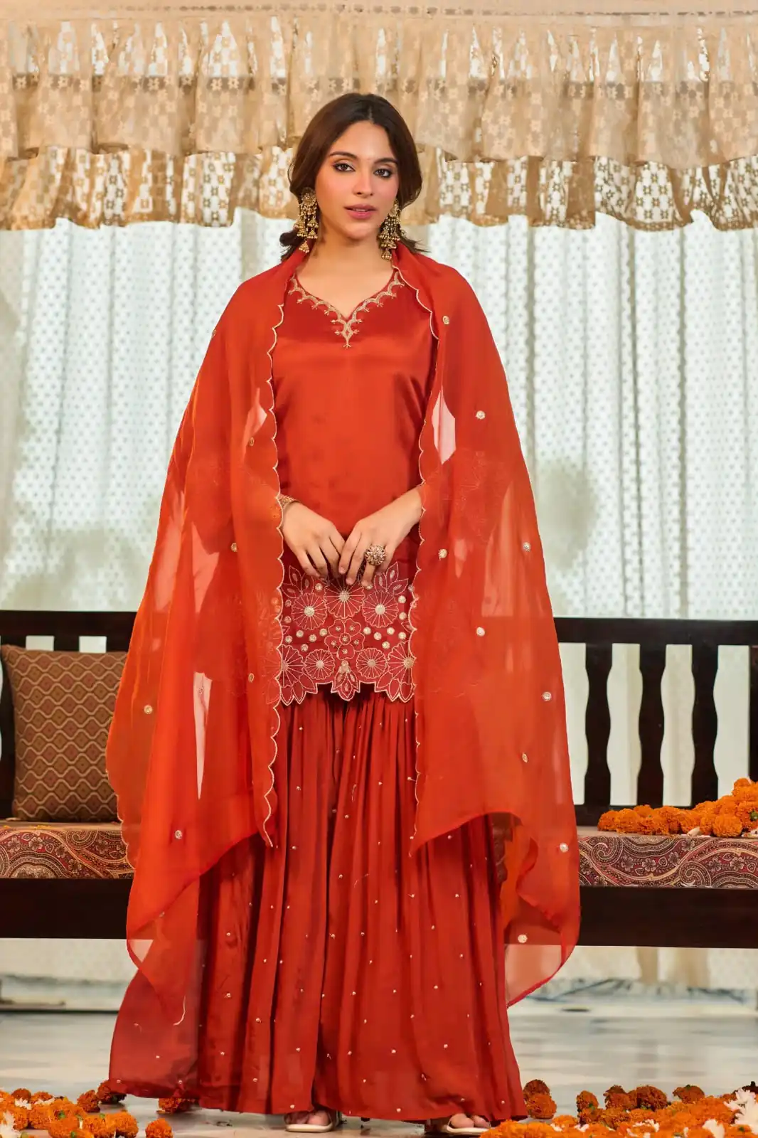Glowing Rust Chinon Silk Sequence Work Salwar Suit