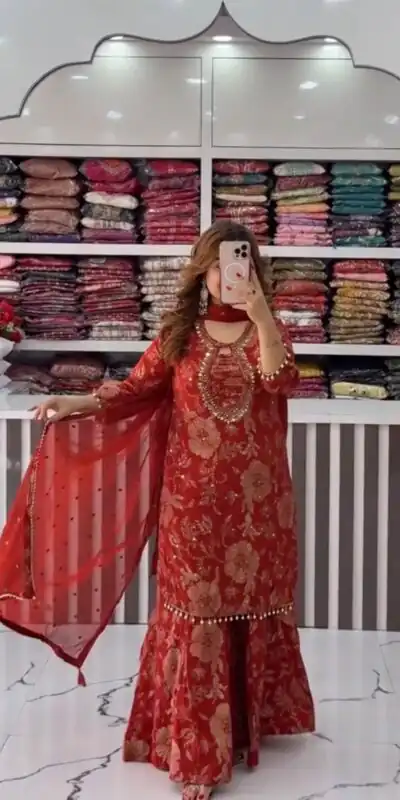 ST 1207 Red Faux Georgette Salwar Suit with Embroidery Work. Available at ₹2949 only. Delivery 4-6 Working Days. Shop now. | Jump Suits, Tops & Bottoms, Track Suits, Trendy Wear, Salwar suit, Designer Suits, Casual Suits, Creative suits, Palazzo Suits, Party Wear Suits, Patiala Suits, Straight Suits