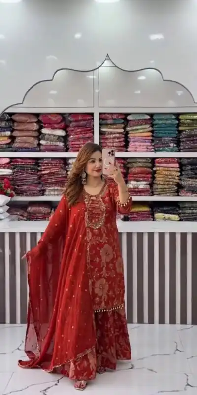 ST 1207 Red Faux Georgette Salwar Suit with Embroidery Work. Available at ₹2949 only. Delivery 4-6 Working Days. Shop now. | Jump Suits, Tops & Bottoms, Track Suits, Trendy Wear, Salwar suit, Designer Suits, Casual Suits, Creative suits, Palazzo Suits, Party Wear Suits, Patiala Suits, Straight Suits