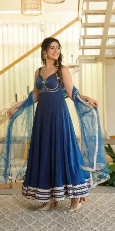 KD 1644 Blue Fendy Silk Gown with Embroidery Work & Sequins Work. Special Price ₹2849. Delivery 4-6 Working Days. Shop now. | Gowns, Bollywood Gowns, Creative Gowns, Designer Gowns, Embroidered Gowns, Party Wear Gowns