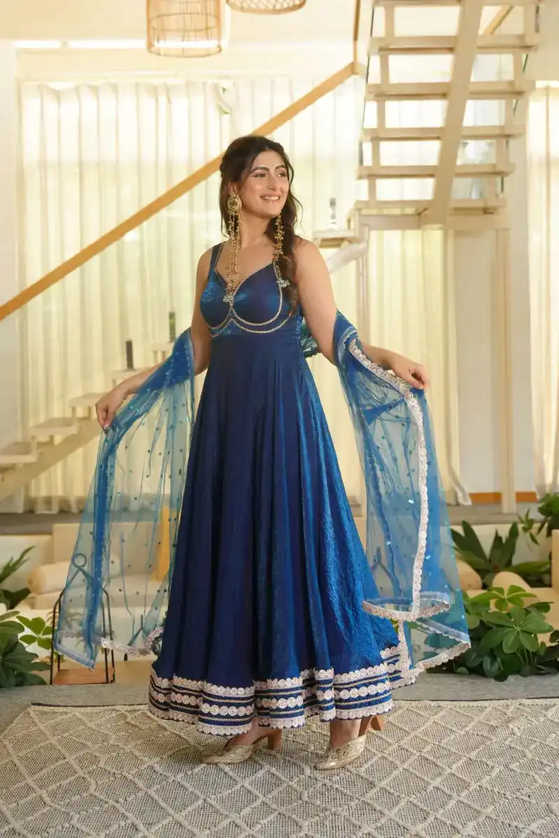 KD 1644 Blue Fendy Silk Gown with Embroidery Work & Sequins Work. Special Price ₹2849. Delivery 4-6 Working Days. Shop now. | Gowns, Bollywood Gowns, Creative Gowns, Designer Gowns, Embroidered Gowns, Party Wear Gowns