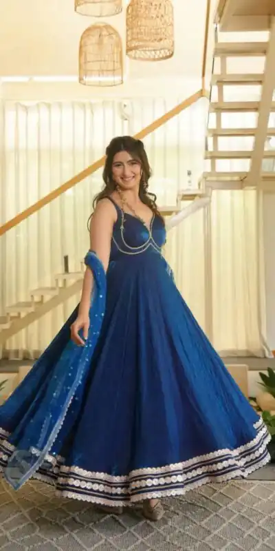 KD 1644 Blue Fendy Silk Gown with Embroidery Work & Sequins Work. Special Price ₹2849. Delivery 4-6 Working Days. Shop now. | Gowns, Bollywood Gowns, Creative Gowns, Designer Gowns, Embroidered Gowns, Party Wear Gowns