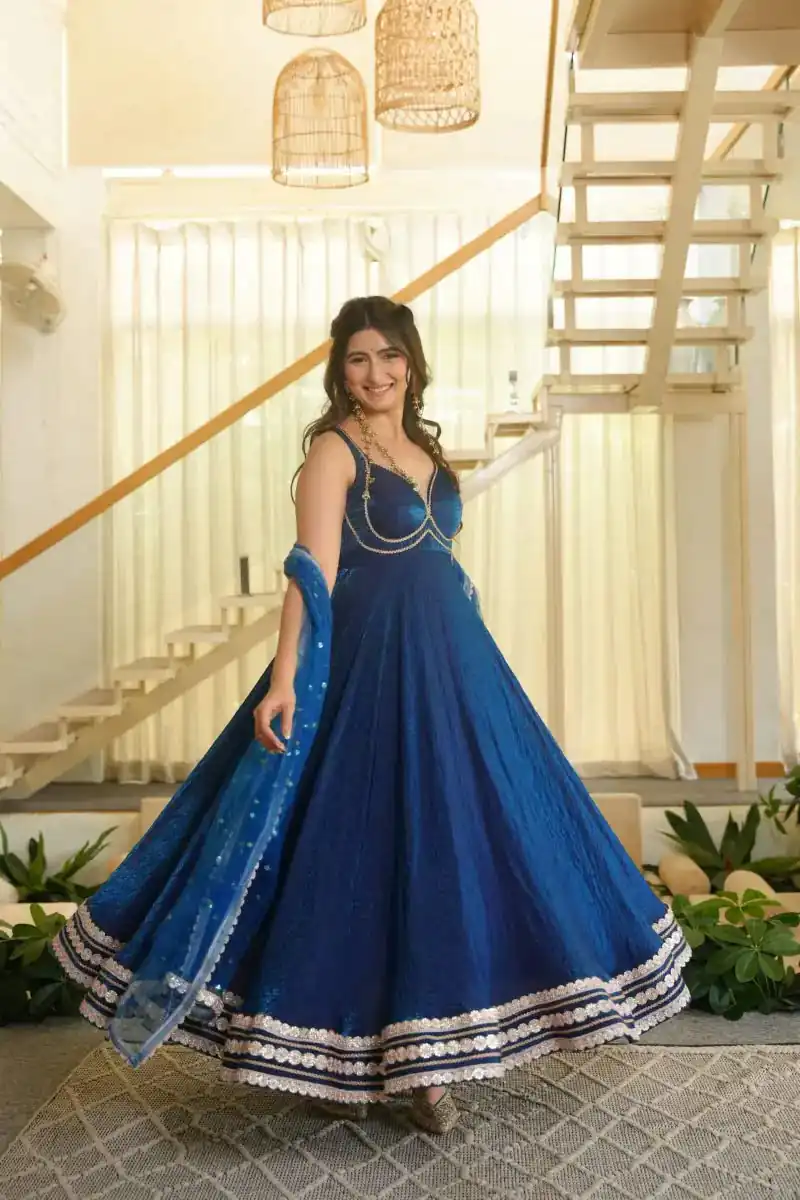 KD 1644 Blue Fendy Silk Gown with Embroidery Work & Sequins Work. Special Price ₹2849. Delivery 4-6 Working Days. Shop now. | Gowns, Bollywood Gowns, Creative Gowns, Designer Gowns, Embroidered Gowns, Party Wear Gowns