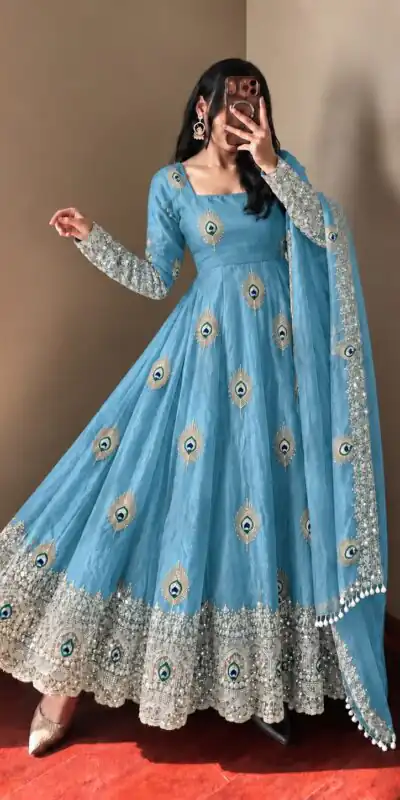 SRK 5372 Blue Fendy Silk Gown with Embroidery Work & Sequins Work. Special Price ₹2799. Delivery 4-6 Working Days. Shop now. | Gowns, Bollywood Gowns, Creative Gowns, Designer Gowns, Embroidered Gowns, Party Wear Gowns